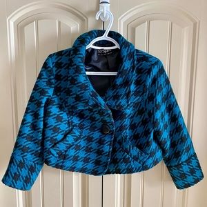 Zara Cropped Turquoise Houndstooth Wool Blend Jacket